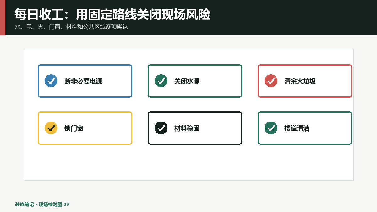 装修收工检查怎么做？断电、关水、门窗和垃圾每日确认